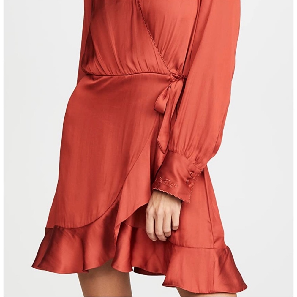 PAIGE Parisa Red Satin Ruffled Scalloped Cross-Front Wrap Dress Size Small - Picture 4 of 10